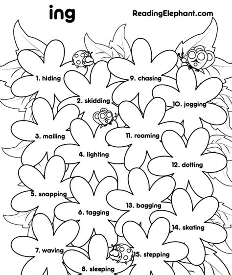 Ing Words Worksheet With Spring Flowers Reading Elephant Ing Words Worksheet - Ing Words Worksheet