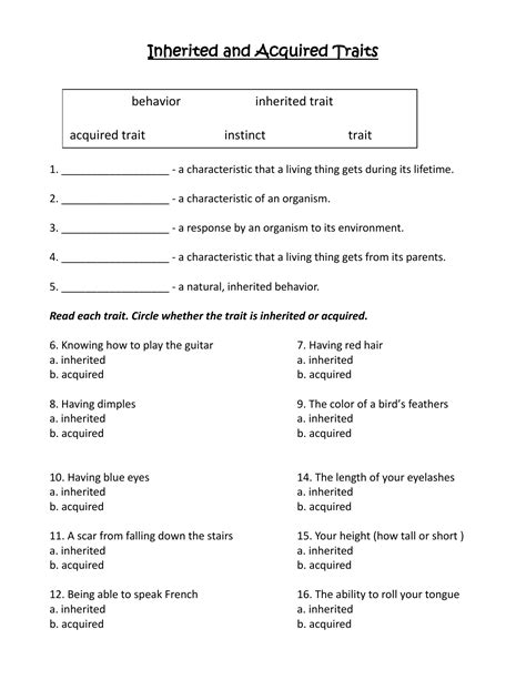 Inherited Vs Acquired Traits Worksheets K5 Learning Inheritance And Traits 3rd Grade - Inheritance And Traits 3rd Grade