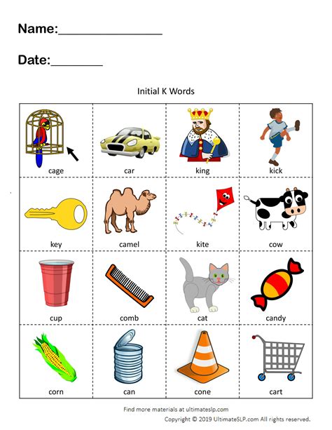 Initial K Words 1 Syllable K For Words With Pictures - K For Words With Pictures