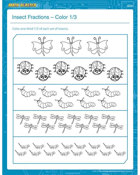 Insect Fractions Color 1 3 1st Grade Math Math Colouring 1st Grade Worksheet - Math Colouring 1st Grade Worksheet