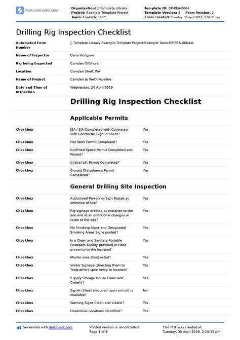 inspection check list of drilling barge