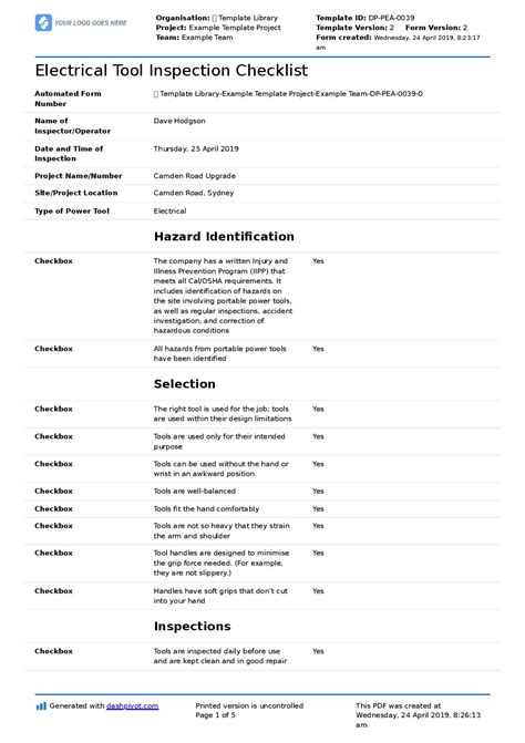 Read Inspection Checklist Template Electric Tools 