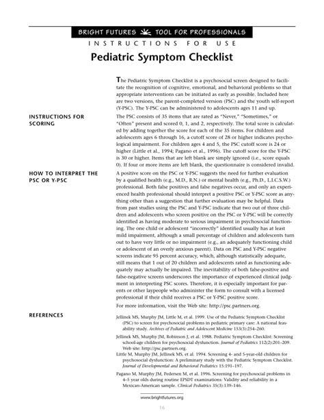 Instructions For Use Pediatric Symptom Checklist