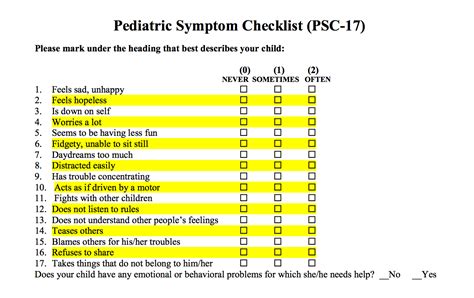 Read Instructions For Use Pediatric Symptom Checklist 