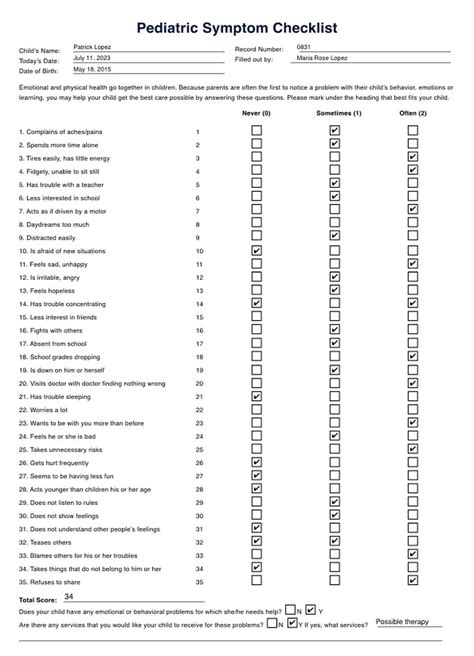 Download Instructions For Use Pediatric Symptom Checklist 