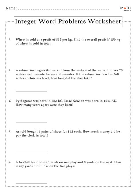 integer word problems and answers