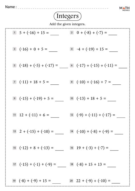Integer Worksheets For 7th Grade   Integers Worksheets - Integer Worksheets For 7th Grade