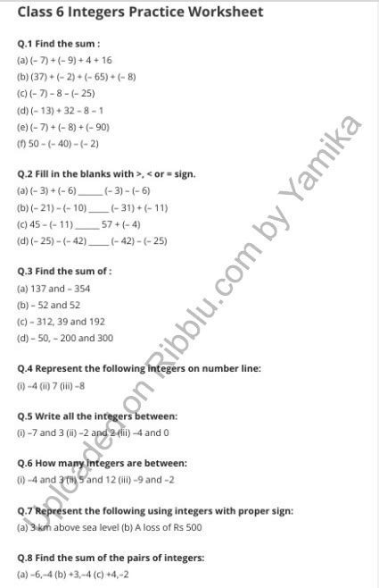 Integers Class 6 Worksheet With Answers