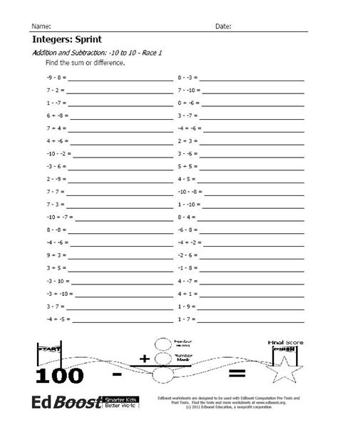 Integers Sprint Addition And Subtraction 10 To 10 Integer Addition And Subtraction - Integer Addition And Subtraction