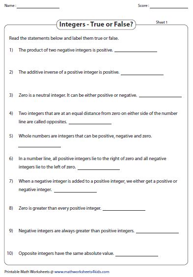 Integers True Or False Sheet 1