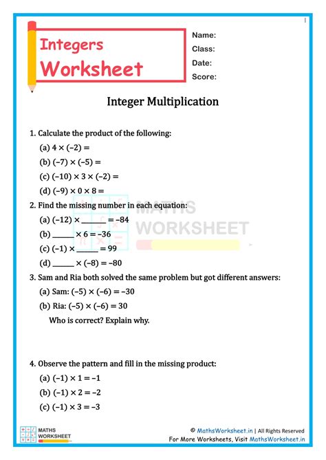 Integers Worksheet For Class 7