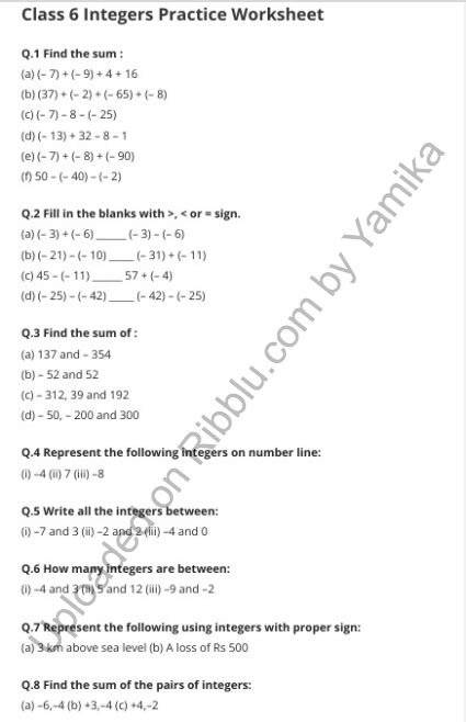 Integers Worksheets Grade 6 Cbse With Answers Integer Worksheets For 7th Grade - Integer Worksheets For 7th Grade