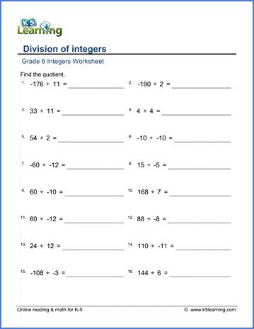 Integers Worksheets K5 Learning Integer Division Worksheet - Integer Division Worksheet