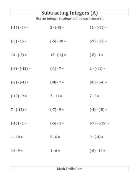 Integers Worksheets Math Drills Subtracting Negative Integers Worksheet - Subtracting Negative Integers Worksheet