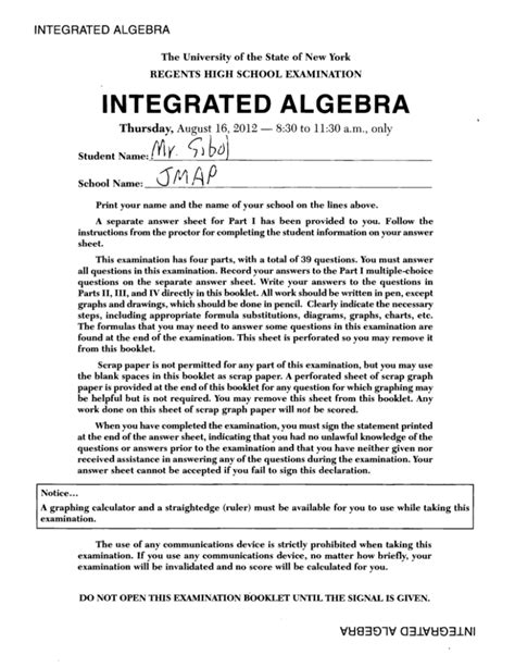 integrated algebra august 2013 answer key