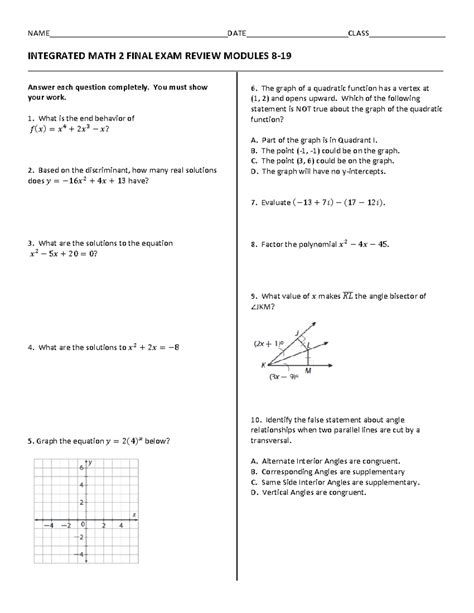 integrated math 2 final exam review answers