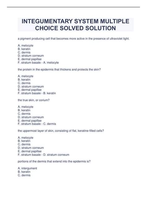 Integumentary System Multiple Choice Test With Answers