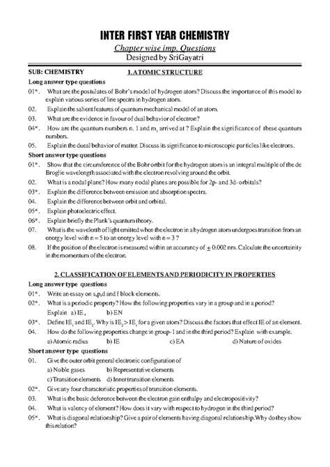 Inter First Year Chemistry Important Questions