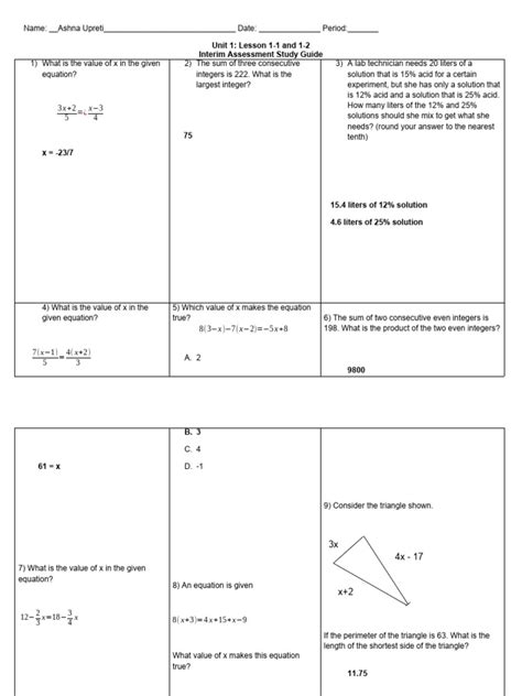 Interim Assessment Unit 1 Grade 8 Answers