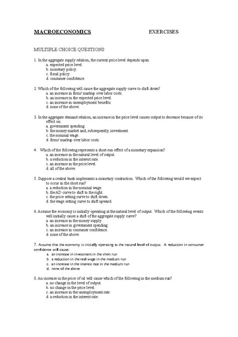 Intermediate Macroeconomics Multiple Choice Questions