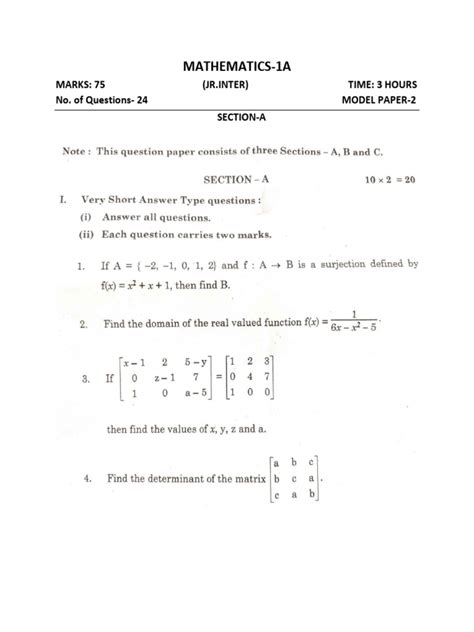 intermediate maths 1a model papers