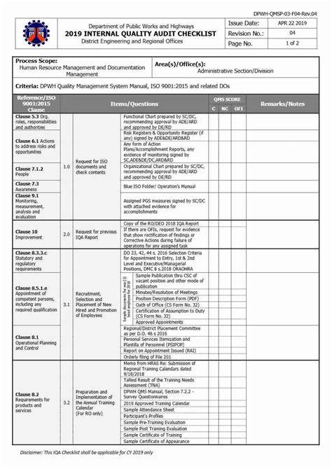 Internal Quality Audit Checklist Template