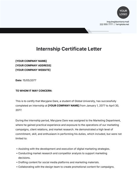 Internship Certificate Sample Letter Formats