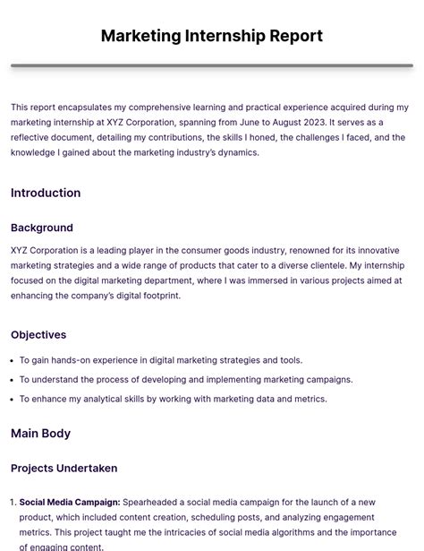 internship report sample marketing