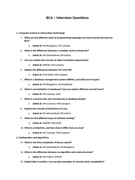 interview questions for bca students