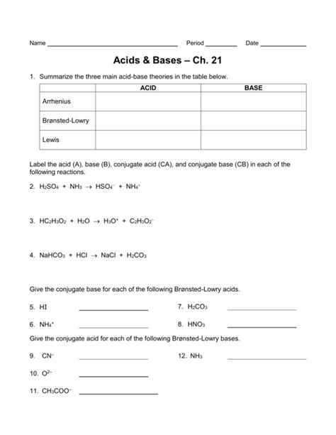 Introduction To Acids And Bases Worksheet Chemistry Libretexts Conjugate Acid Base Worksheet - Conjugate Acid Base Worksheet