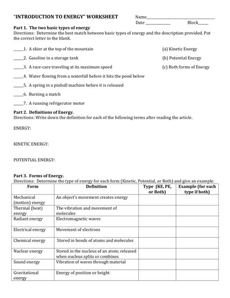 Introduction To Energy Worksheet The Nature Of Energy Worksheet Answers - The Nature Of Energy Worksheet Answers