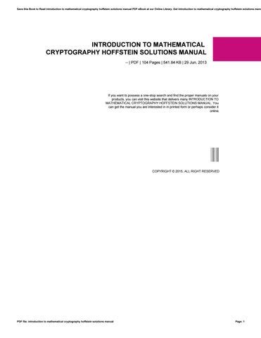 Read Introduction To Mathematical Cryptography Hoffstein Solutions Manual 