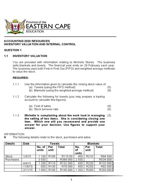Inventory Valuation Assignment Grade 12 2012 Memo