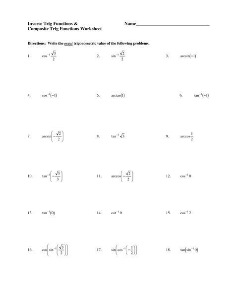 Inverse Trigonometric Functions Worksheet Additive Inverse Worksheet - Additive Inverse Worksheet