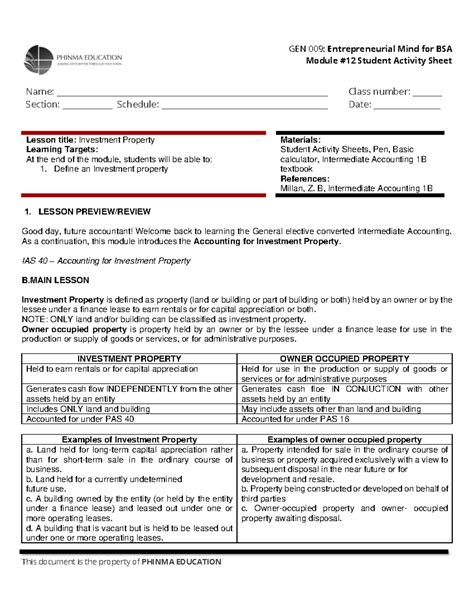 investment compared student activity sheet