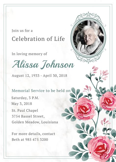 Invitation For Memorial Services Template