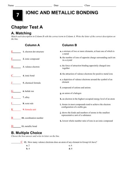 Ionic And Metallic Bonding Test B Answers