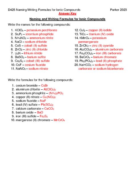 Ionic Formula Writing Kit Answers