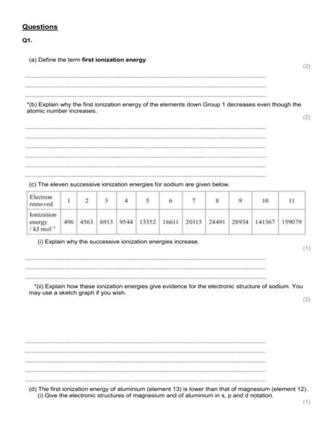 Ionisation Energy Past Paper Questions And Mark Scheme Chemistry Ionization Energies Worksheet Answers - Chemistry Ionization Energies Worksheet Answers