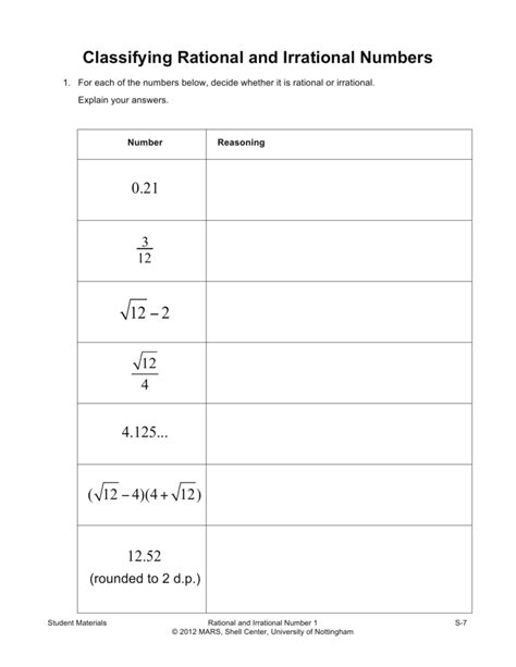 Irrational Numbers Worksheets Irrational Numbers Worksheet - Irrational Numbers Worksheet