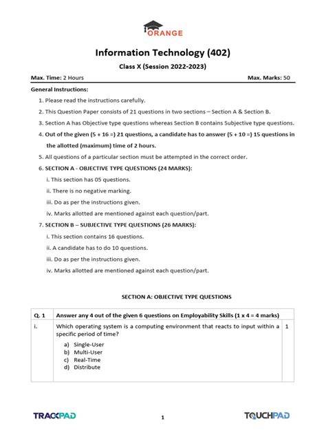 It 402 Class 10 Sample Paper