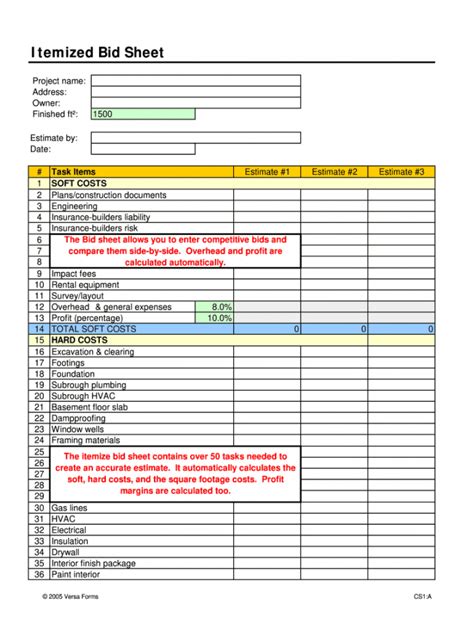 Itemized Bid Sheet