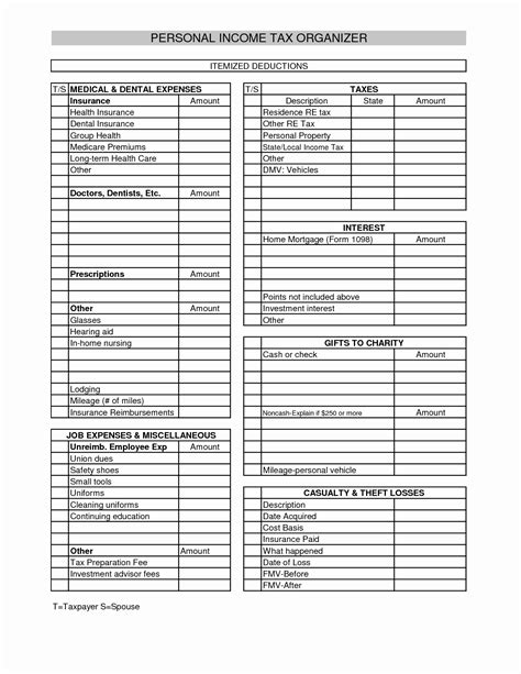 itemized deduction worksheet excel