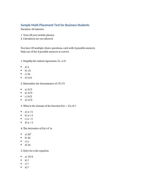 Iusd Math Placement Test Sample