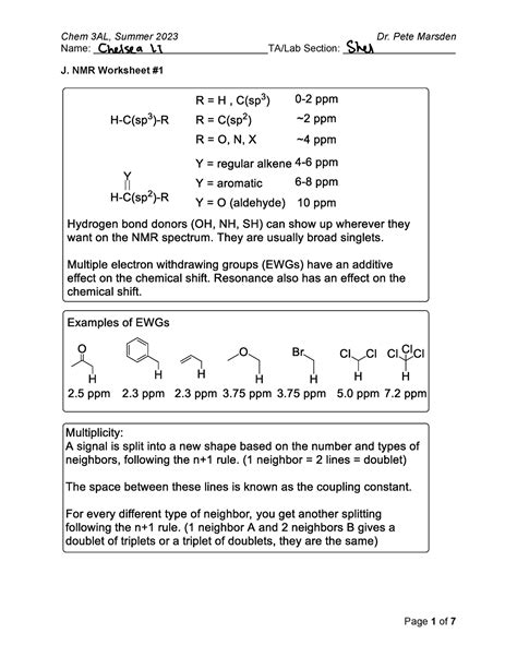 J Nmr Worksheet 1 Chem 3al Summer 2022 Chem 3al Nmr Worksheet Answers - Chem 3al Nmr Worksheet Answers