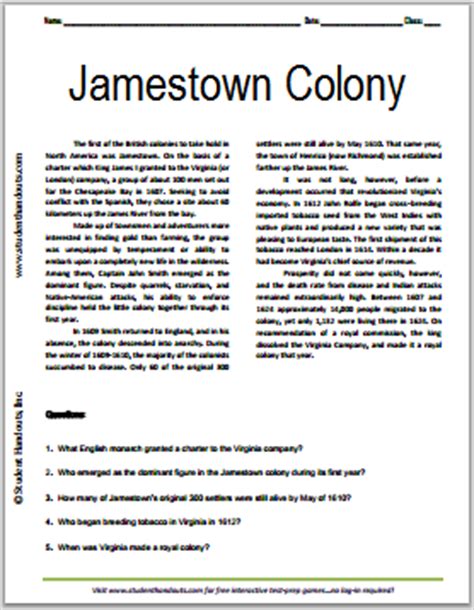 Jamestown Colony Reading With Questions Student Handouts Tobacco In The Colonies Worksheet Answers - Tobacco In The Colonies Worksheet Answers