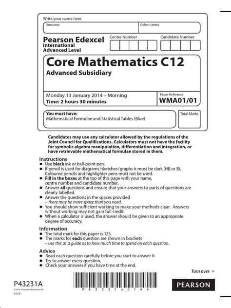 Read Online Jan 2014 Maths C12 As Edexcel Papers 