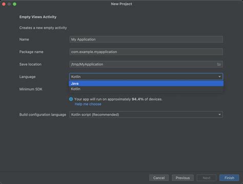 java Not showing language option after selecting project template in