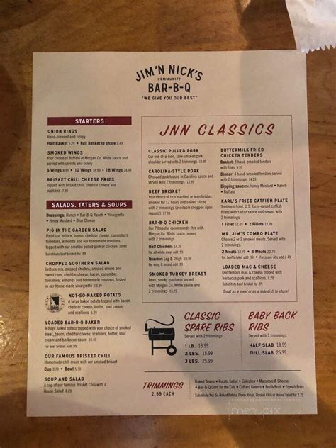 Jim And Nicks Menu