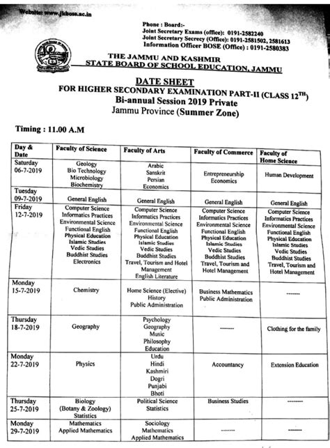 Jkbose 12th Class Date Sheet 2018 Private Regular